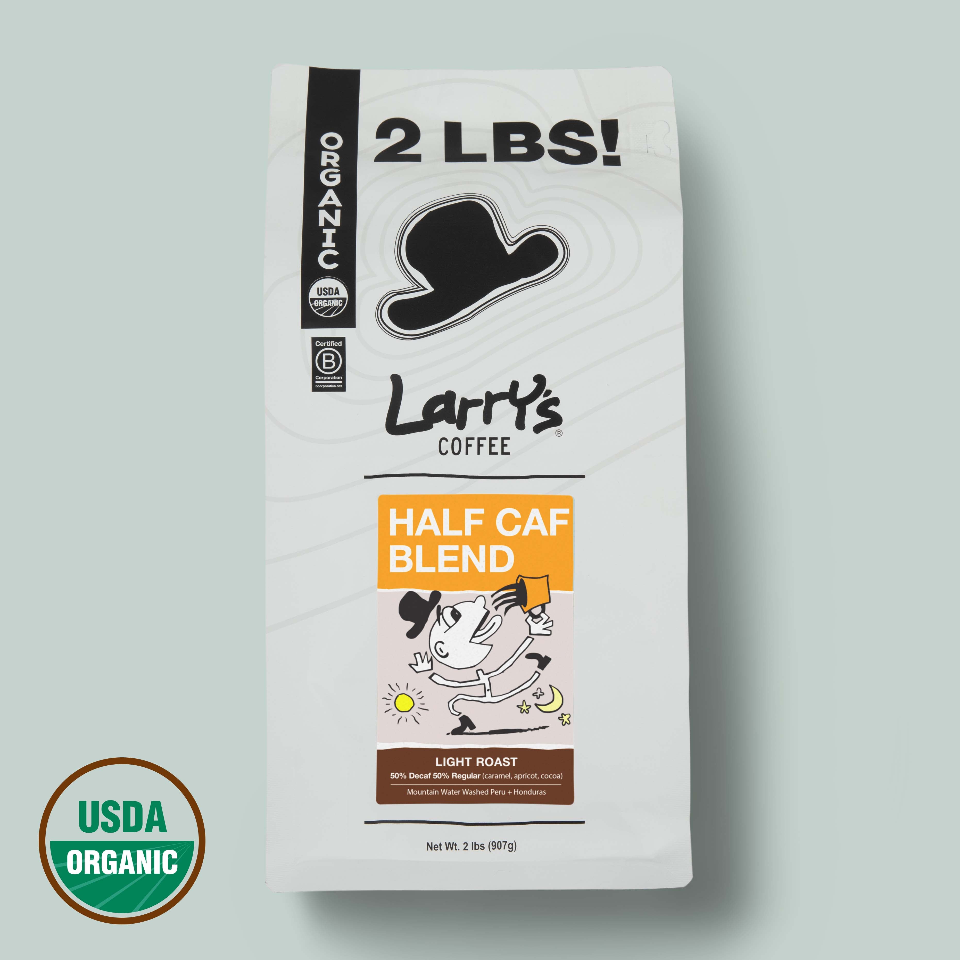A 2 lb bag of Larry's Coffee Half Caf Blend Light Roast, featuring a white bag with black text and graphics, an orange label, and a USDA Organic seal on a light gray background.